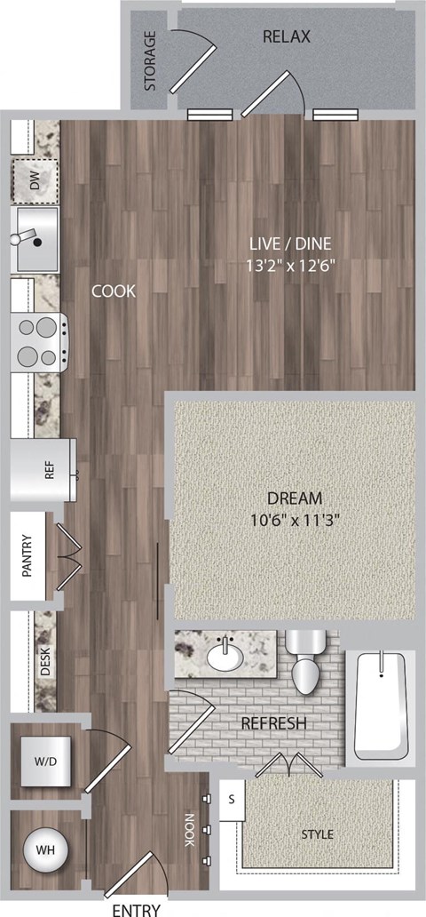 Floor plan for studio, 1 bath, 663 sqft